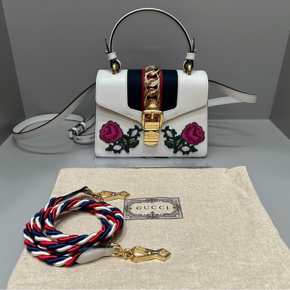 Gucci Sylvie Top Handle Bag Embroidered Leather Mini, EUC